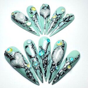 Cool Mint Nails - Stiletto Style Press on Nails, Handmade Fake Nails, XS - L